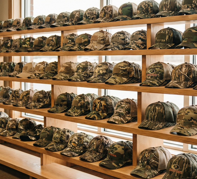 background image of a room packed full of rolls of camo fabric
